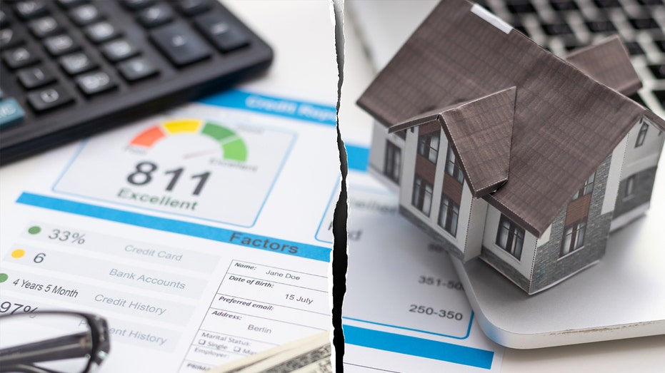 Split photo of credit score and home